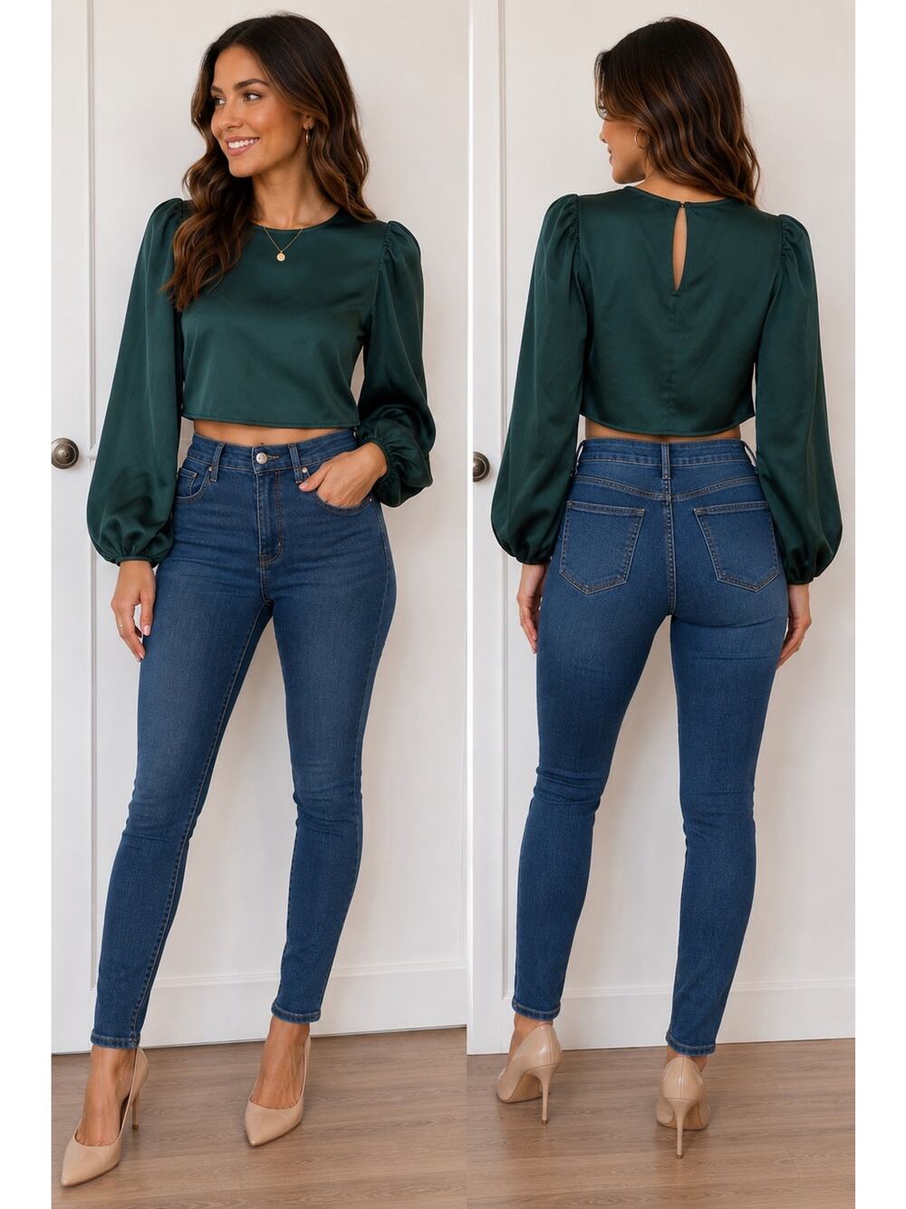 Express Emerald Green Satin Crop Top XS NWT Puff Sleeve Blouse